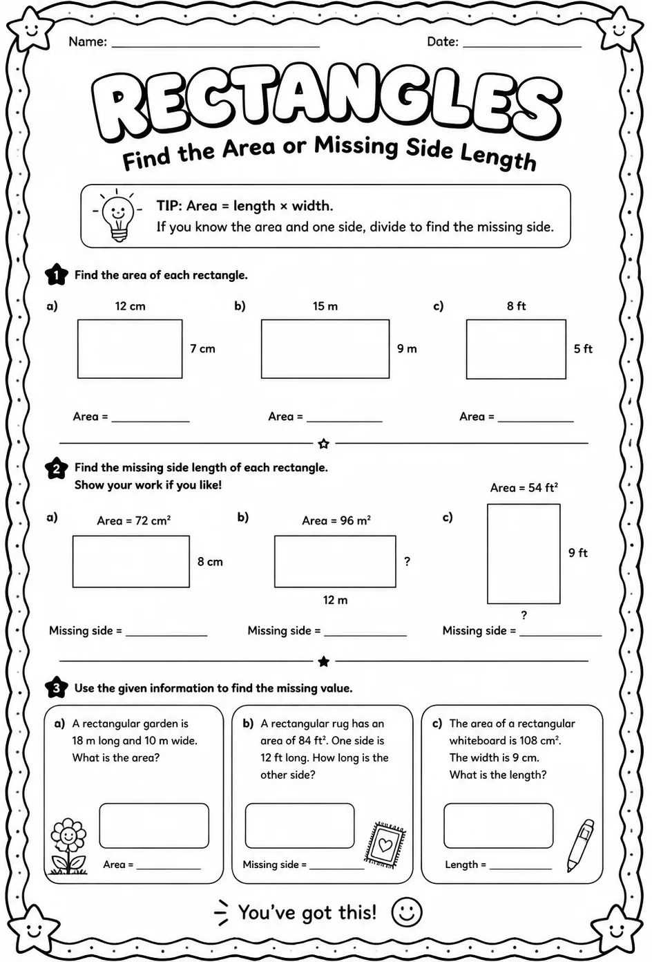 Find the area or missing side length of a rectangle — free printable Grade 4 math worksheet
