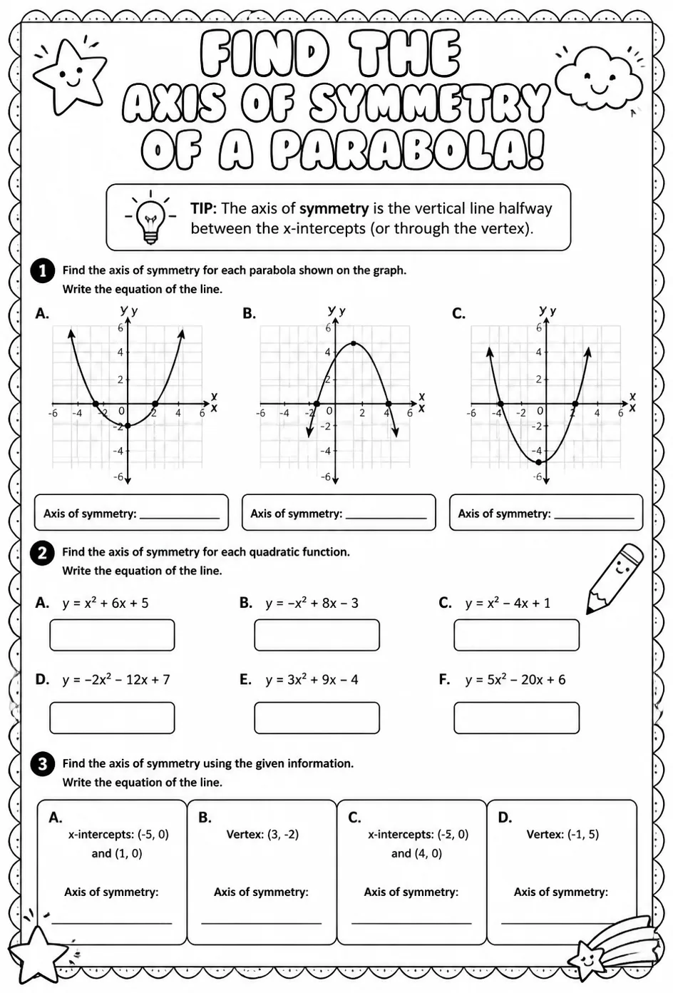 Find the axis of symmetry of a parabola — free printable Algebra 2 math worksheet