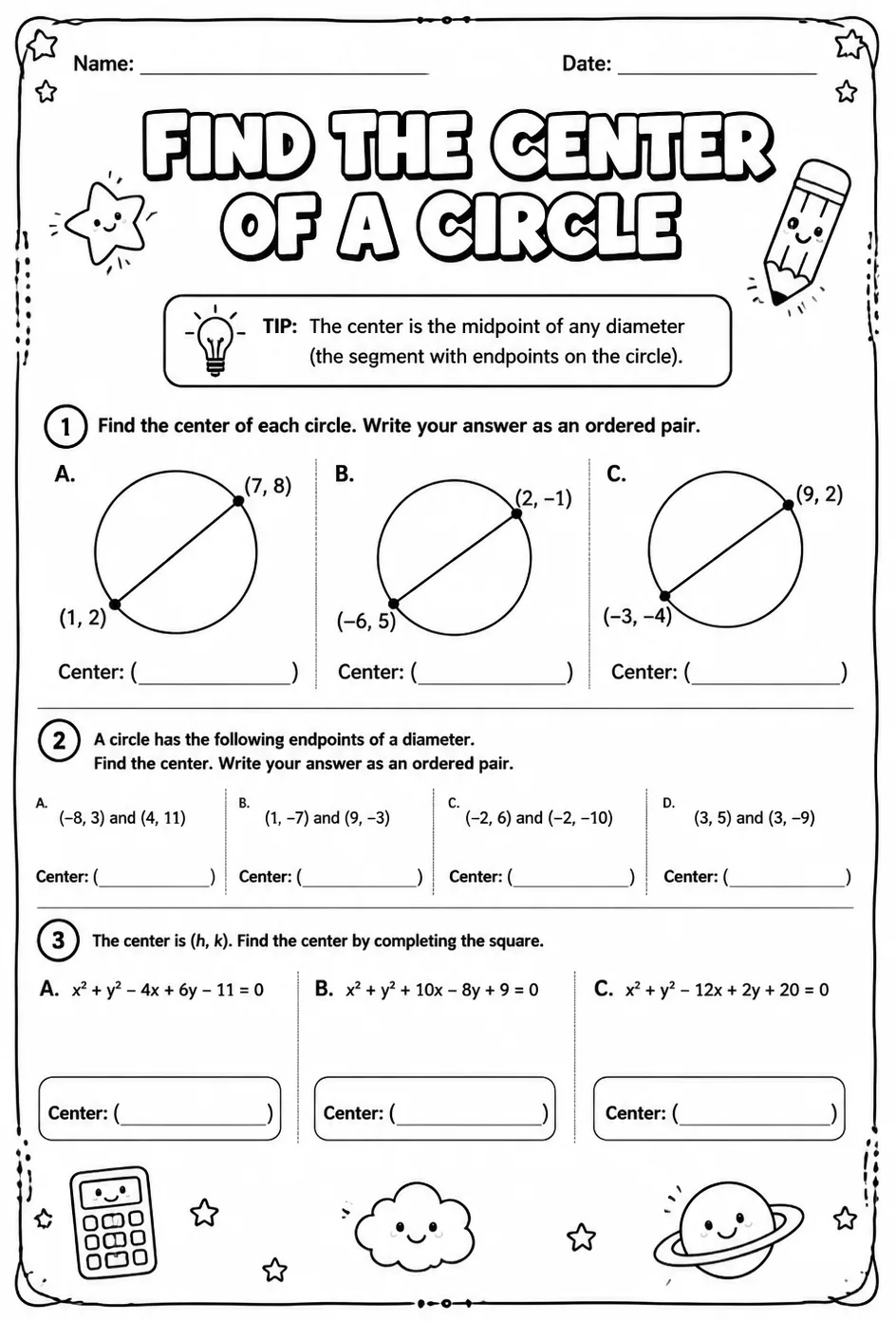 Find the center of a circle — free printable Algebra 2 math worksheet
