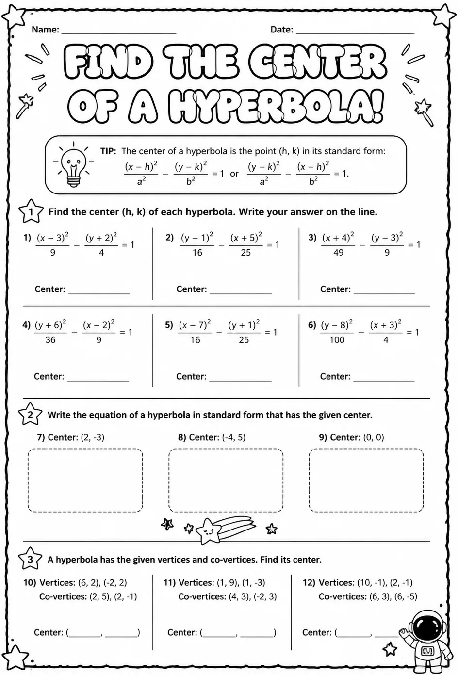 Find the center of a hyperbola — free printable Algebra 2 math worksheet