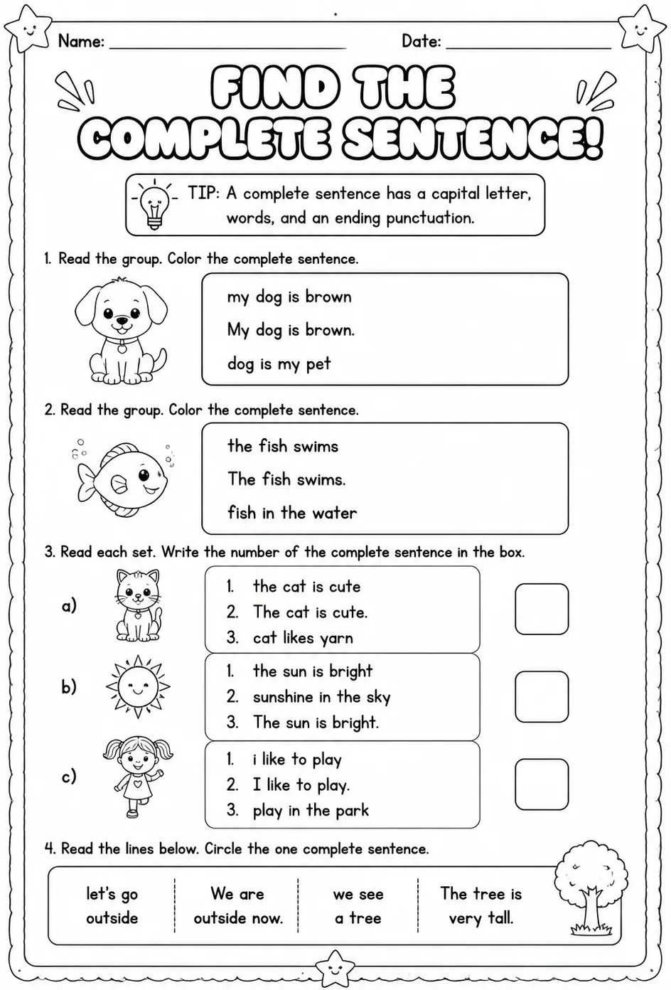 Find the complete sentence — free printable Kindergarten English & Reading worksheet