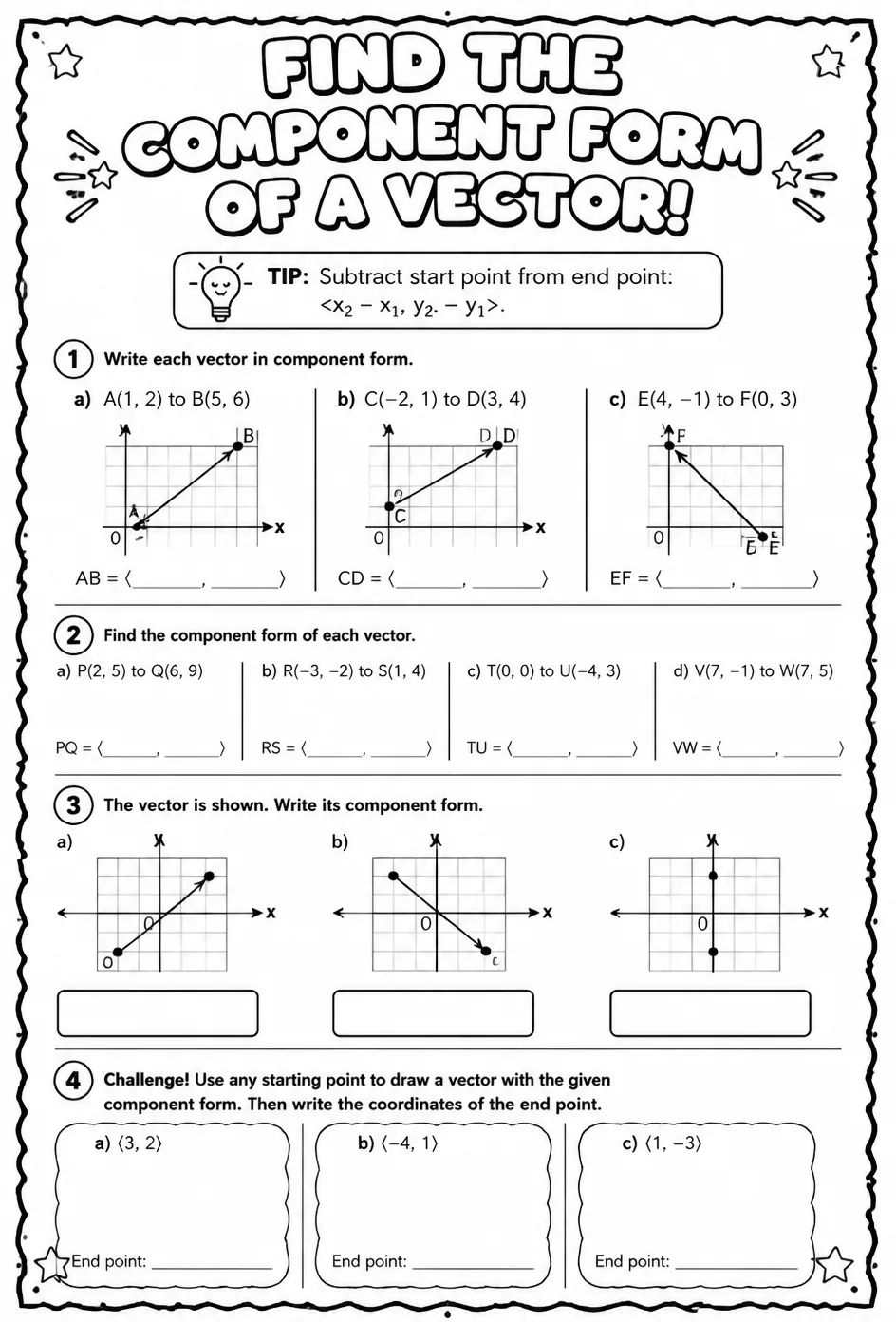 Find the component form of a vector — free printable Geometry math worksheet
