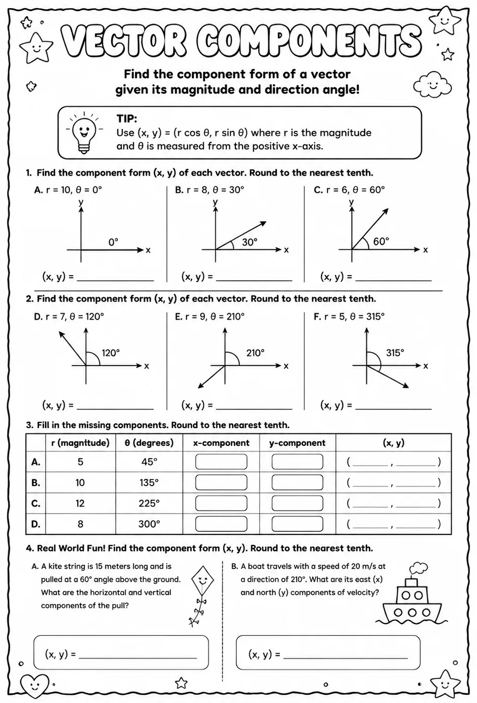 Find the component form of a vector given its magnitude and direction angle — free printable Geometry math worksheet
