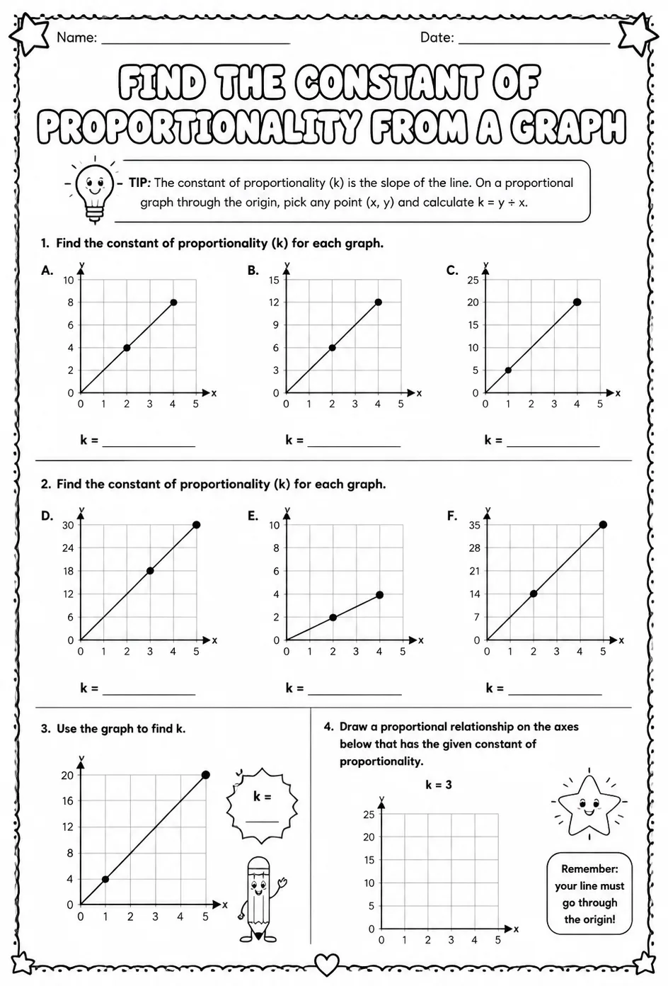 Find the constant of proportionality from a graph — free printable Grade 7 math worksheet