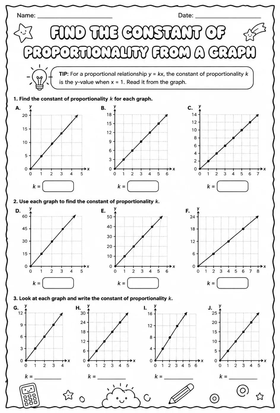 Find the constant of proportionality from a graph — free printable Grade 8 math worksheet