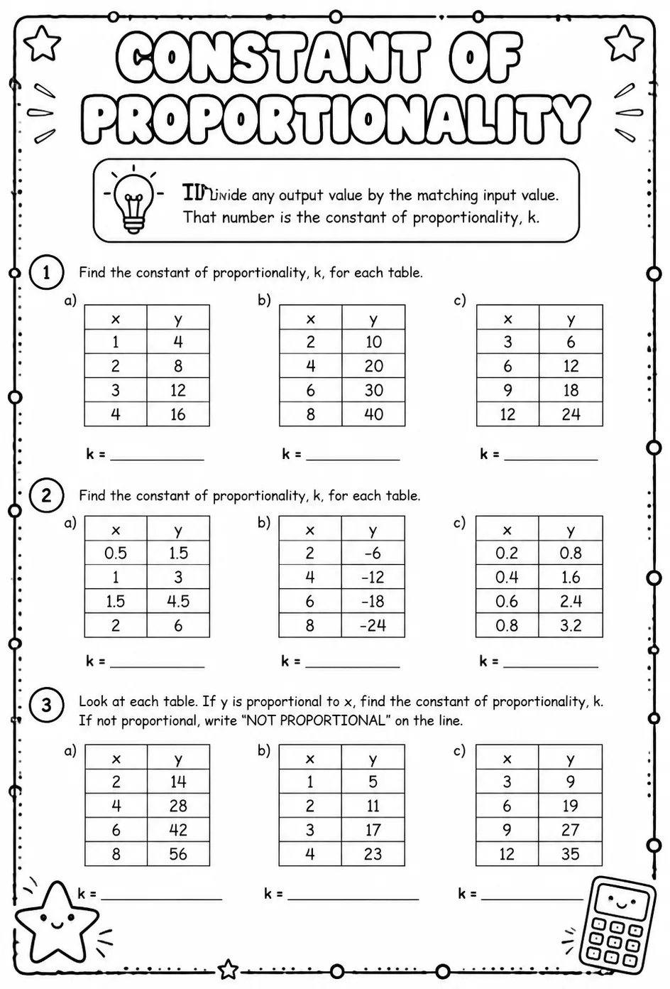 Find the constant of proportionality from a table — free printable Grade 7 math worksheet