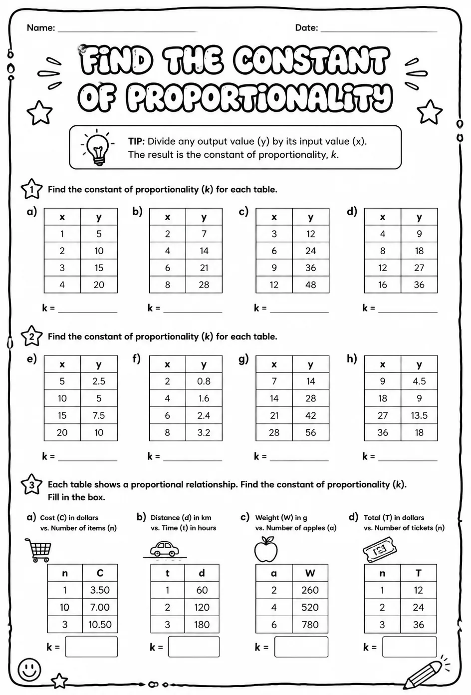 Find the constant of proportionality from a table — free printable Grade 8 math worksheet