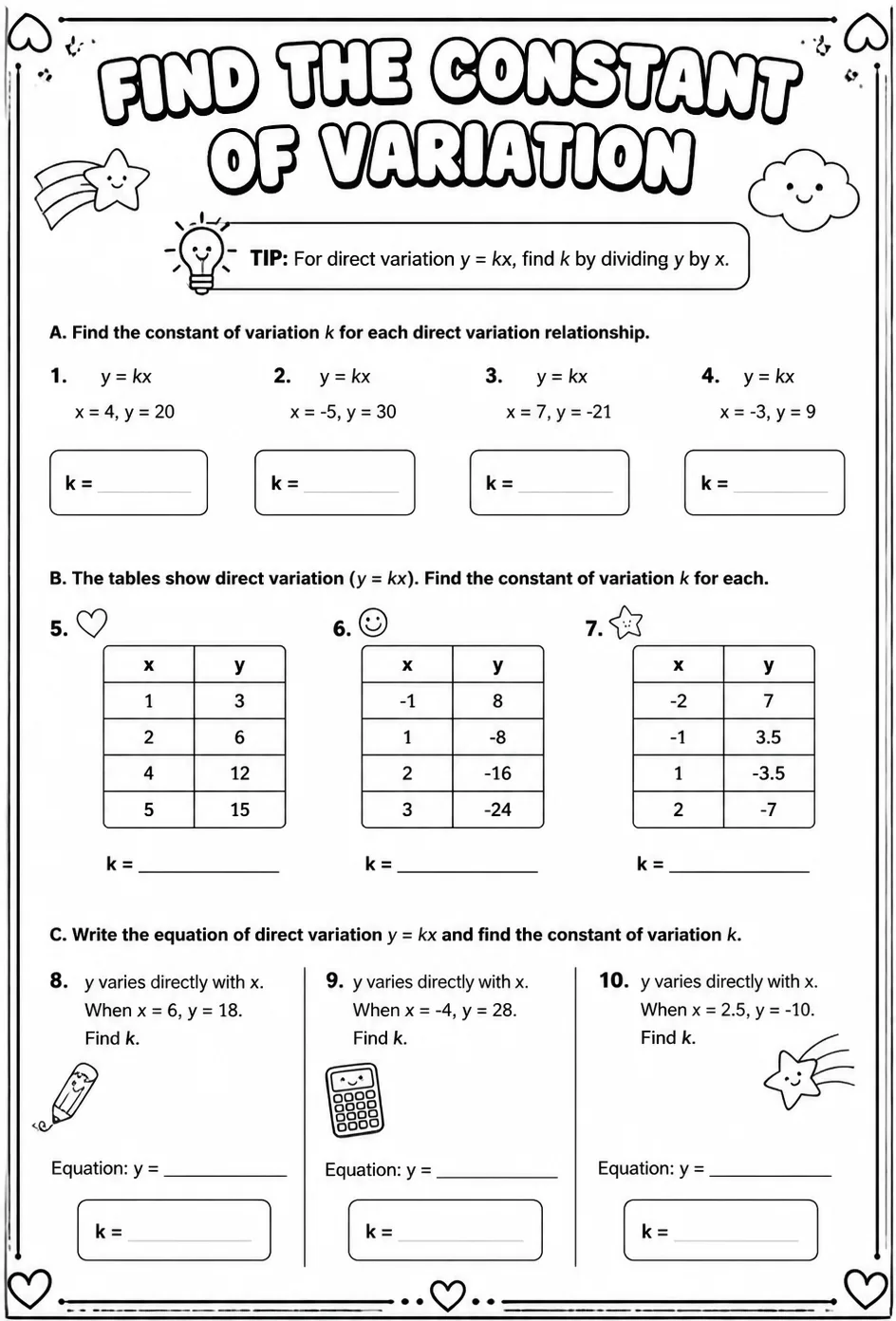 Find the constant of variation — free printable Algebra 2 math worksheet