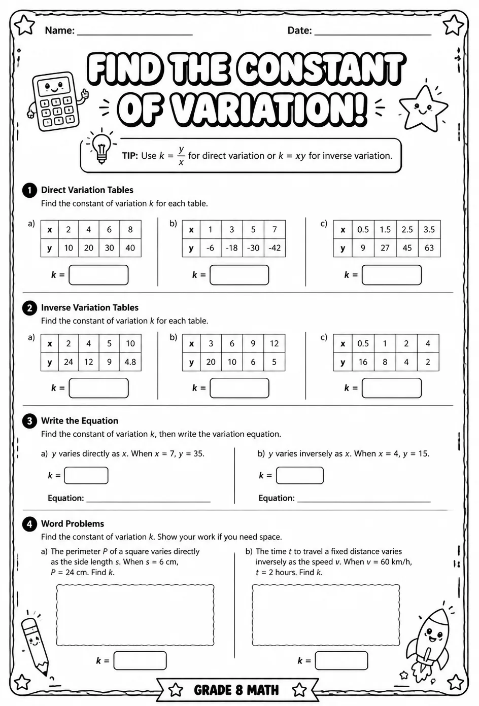 Find the constant of variation — free printable Grade 8 math worksheet