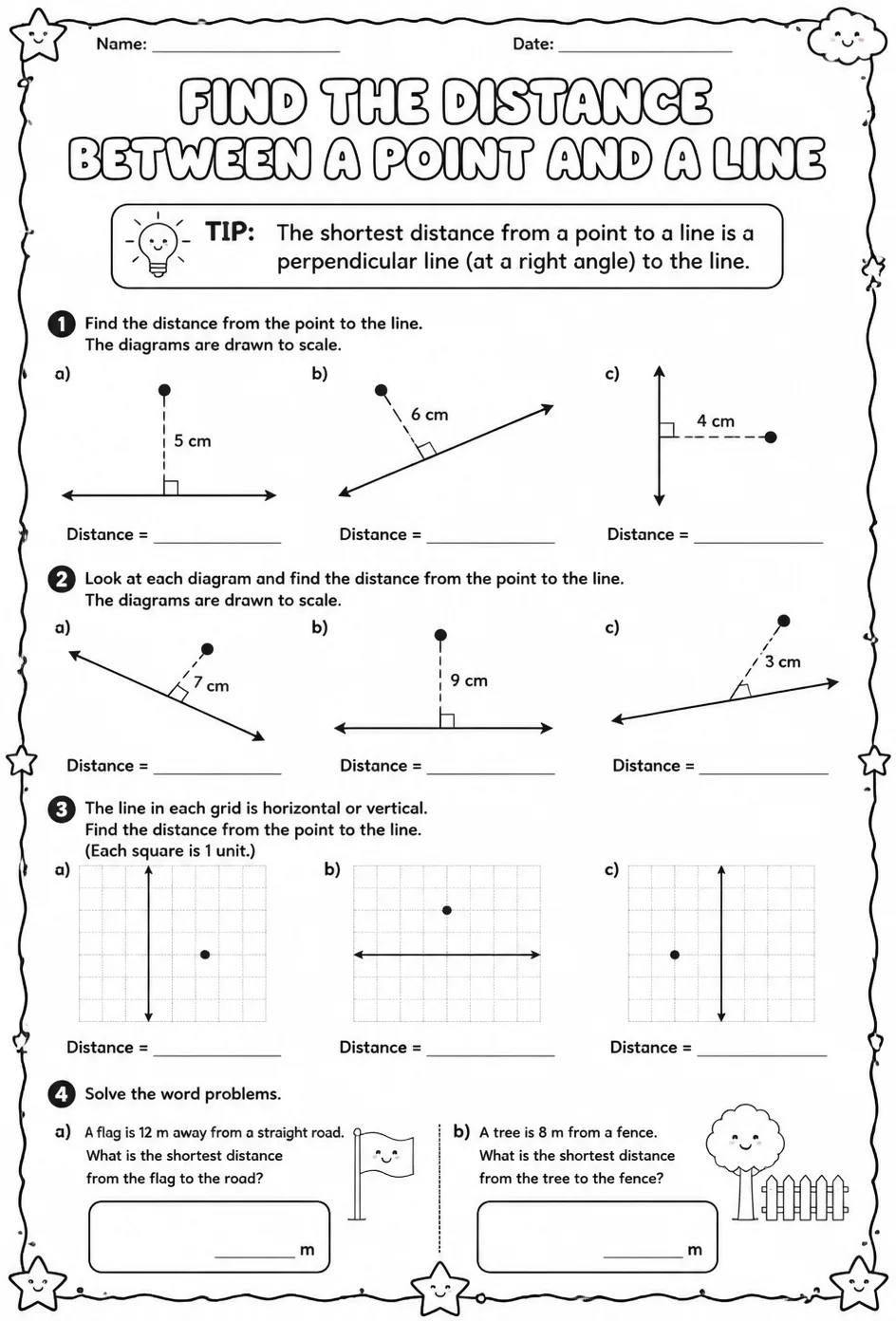 Find the distance between a point and a line — free printable Geometry math worksheet