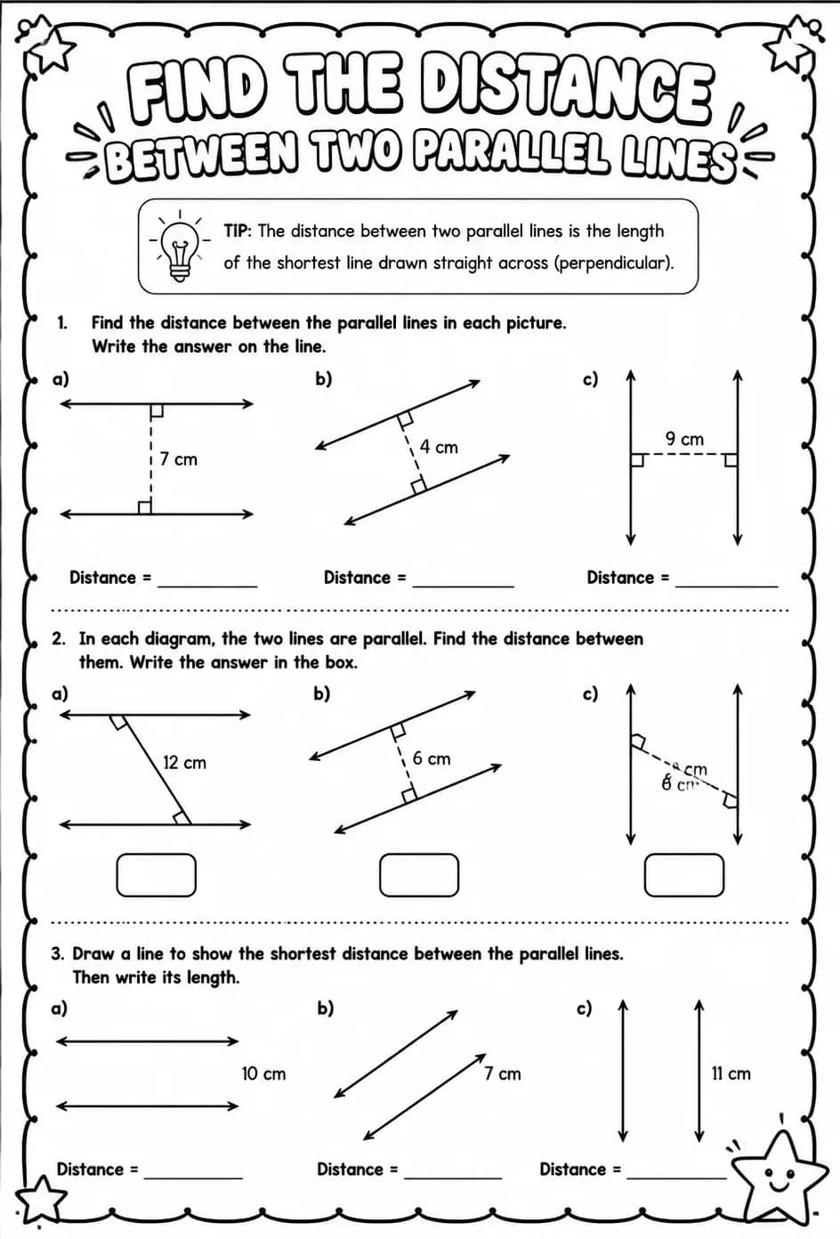Find the distance between two parallel lines — free printable Geometry math worksheet