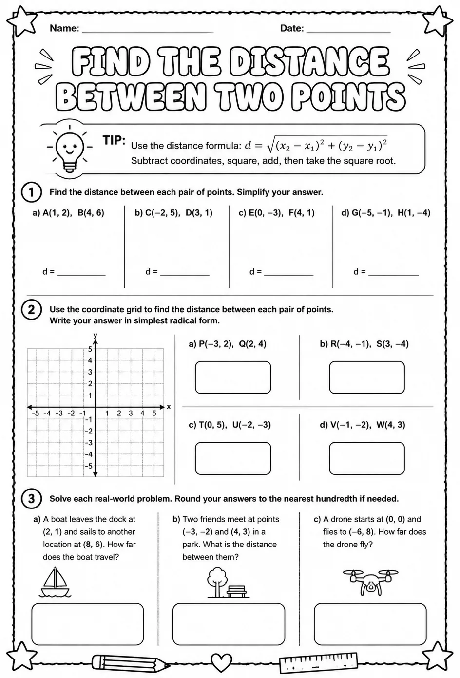 Find the distance between two points — free printable Grade 8 math worksheet