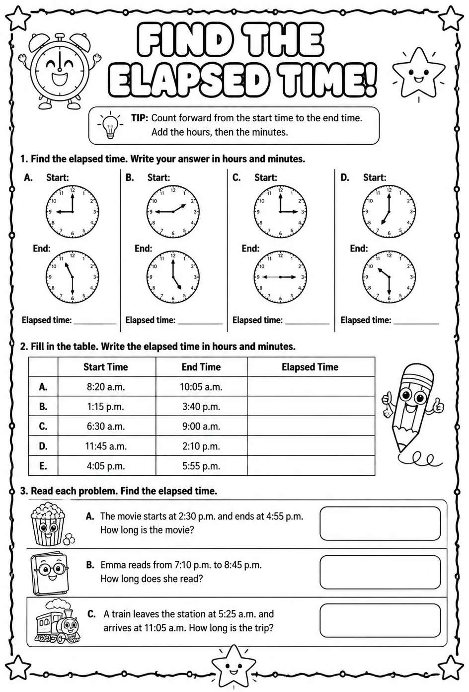 Find the elapsed time — free printable Grade 3 math worksheet
