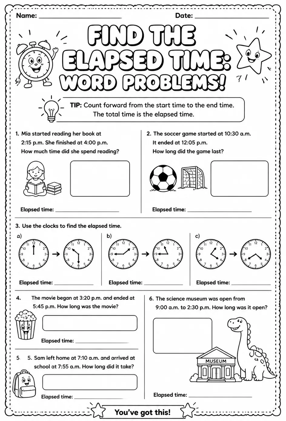 Find the elapsed time: word problems — free printable Grade 3 math worksheet