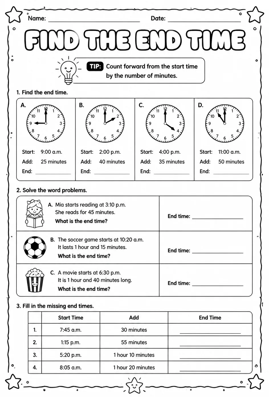 Find the end time — free printable Grade 3 math worksheet