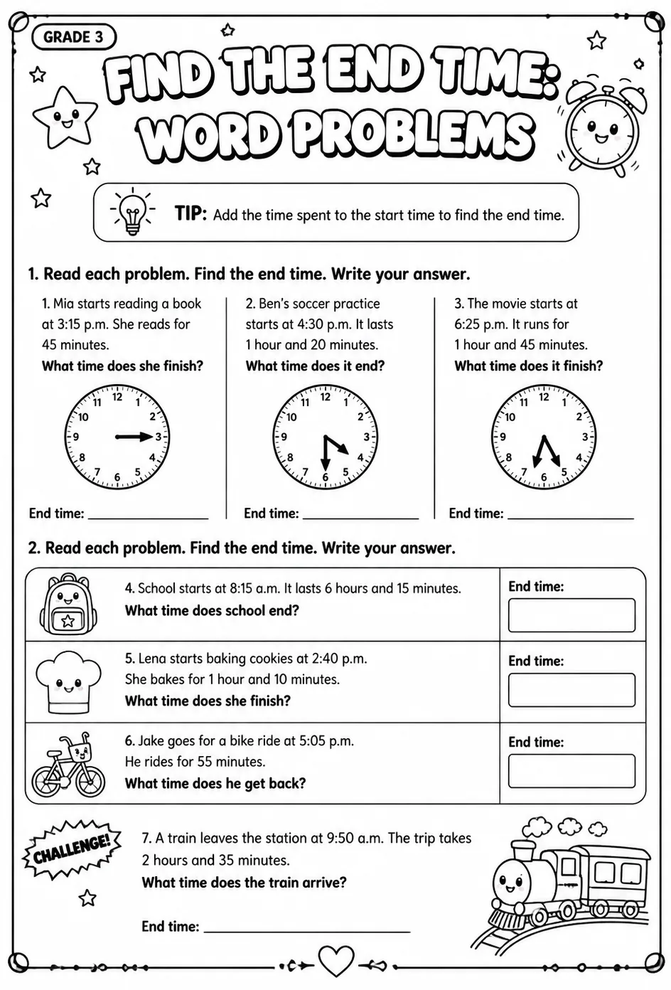 Find the end time: word problems — free printable Grade 3 math worksheet