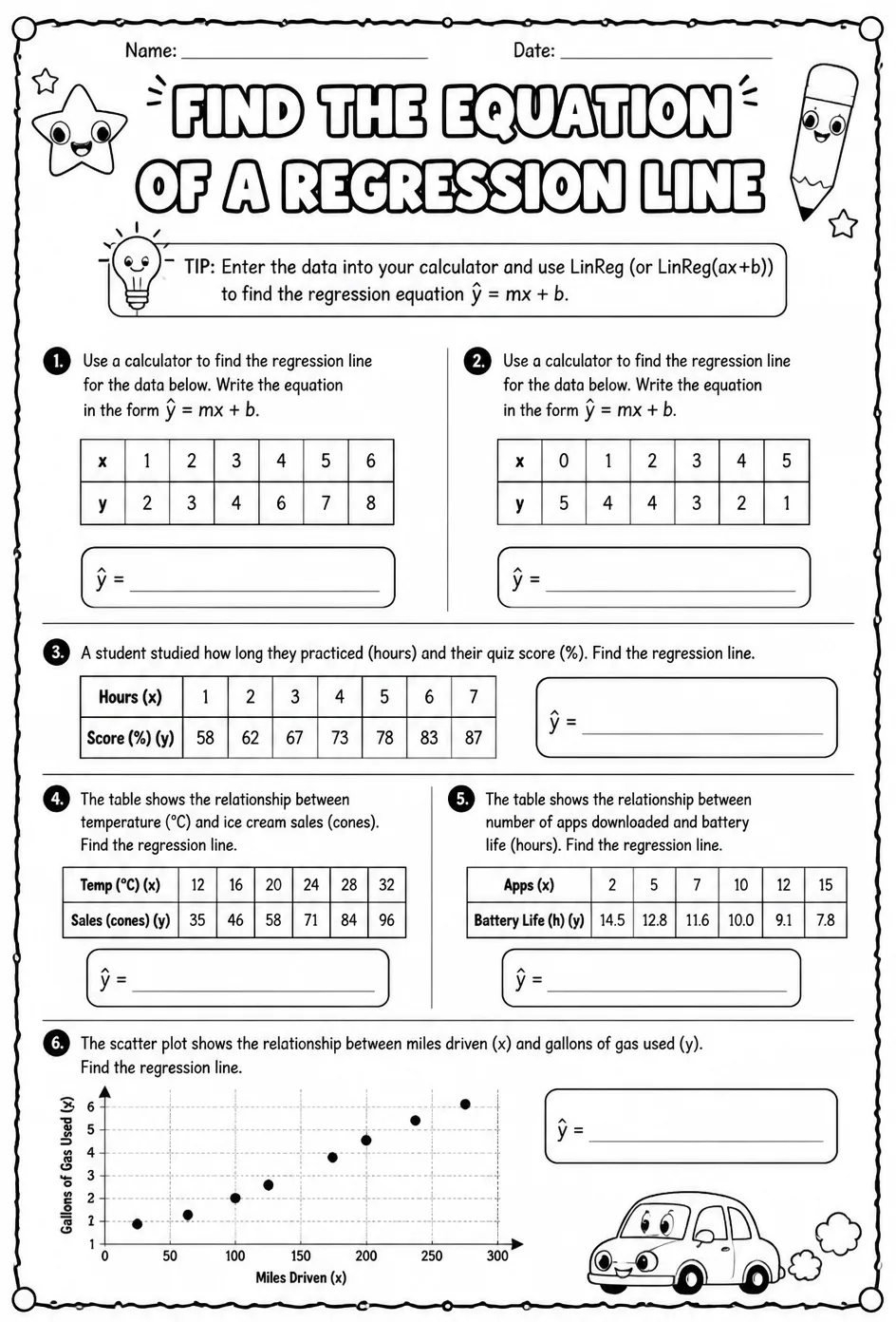 Find the equation of a regression line — free printable Algebra 1 math worksheet