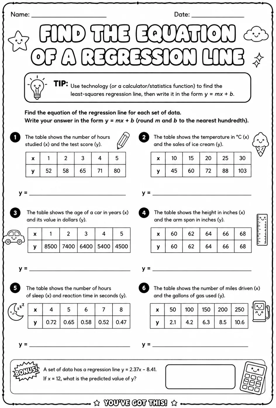 Find the equation of a regression line — free printable Precalculus math worksheet