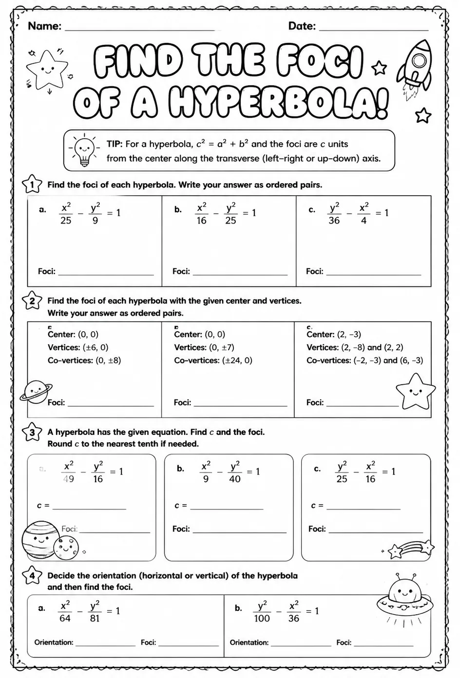 Find the foci of a hyperbola — free printable Algebra 2 math worksheet