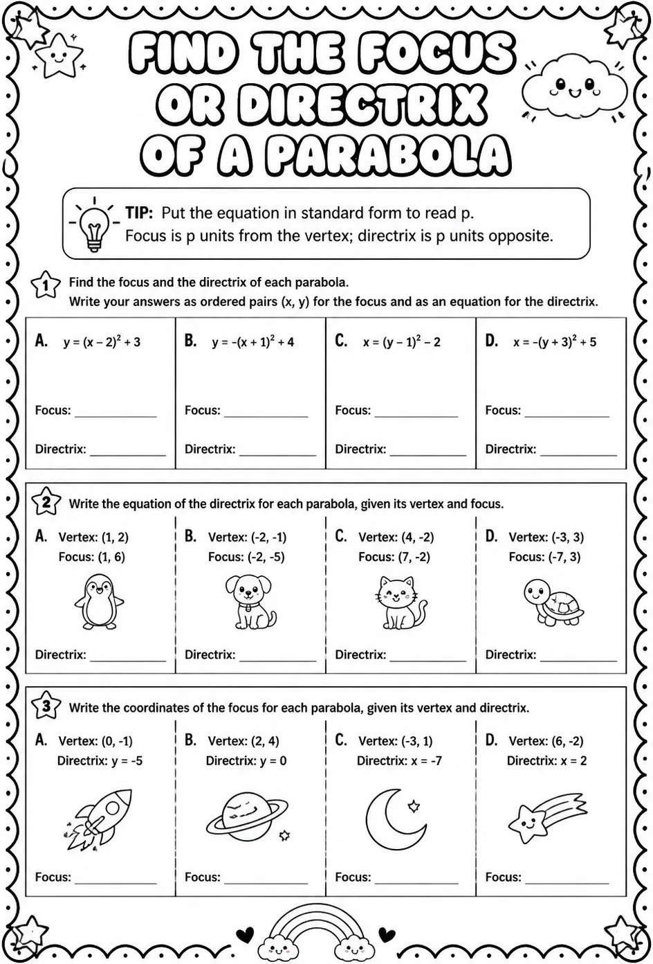 Find the focus or directrix of a parabola — free printable Algebra 2 math worksheet