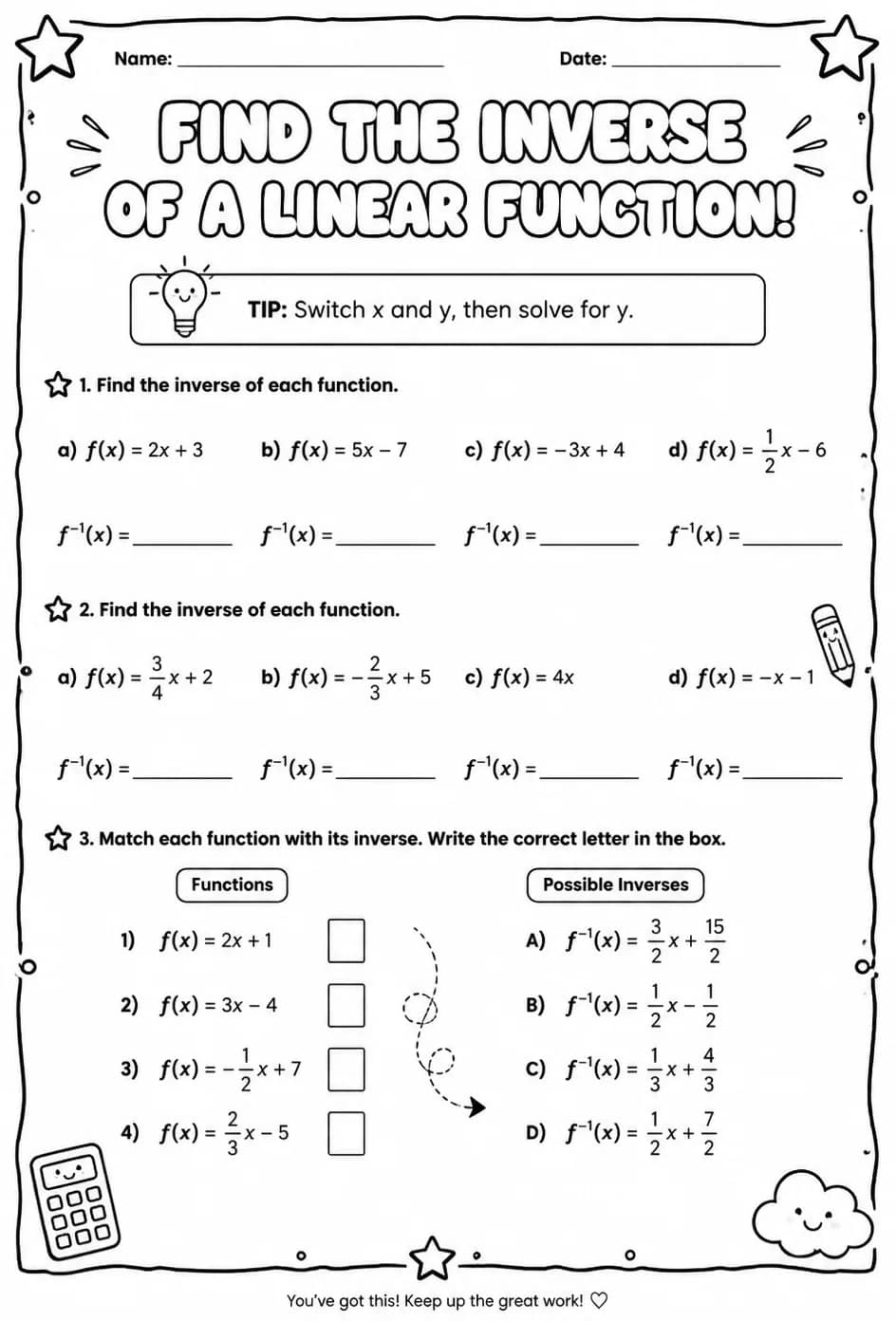 Find the inverse of a linear function — free printable Algebra 1 math worksheet
