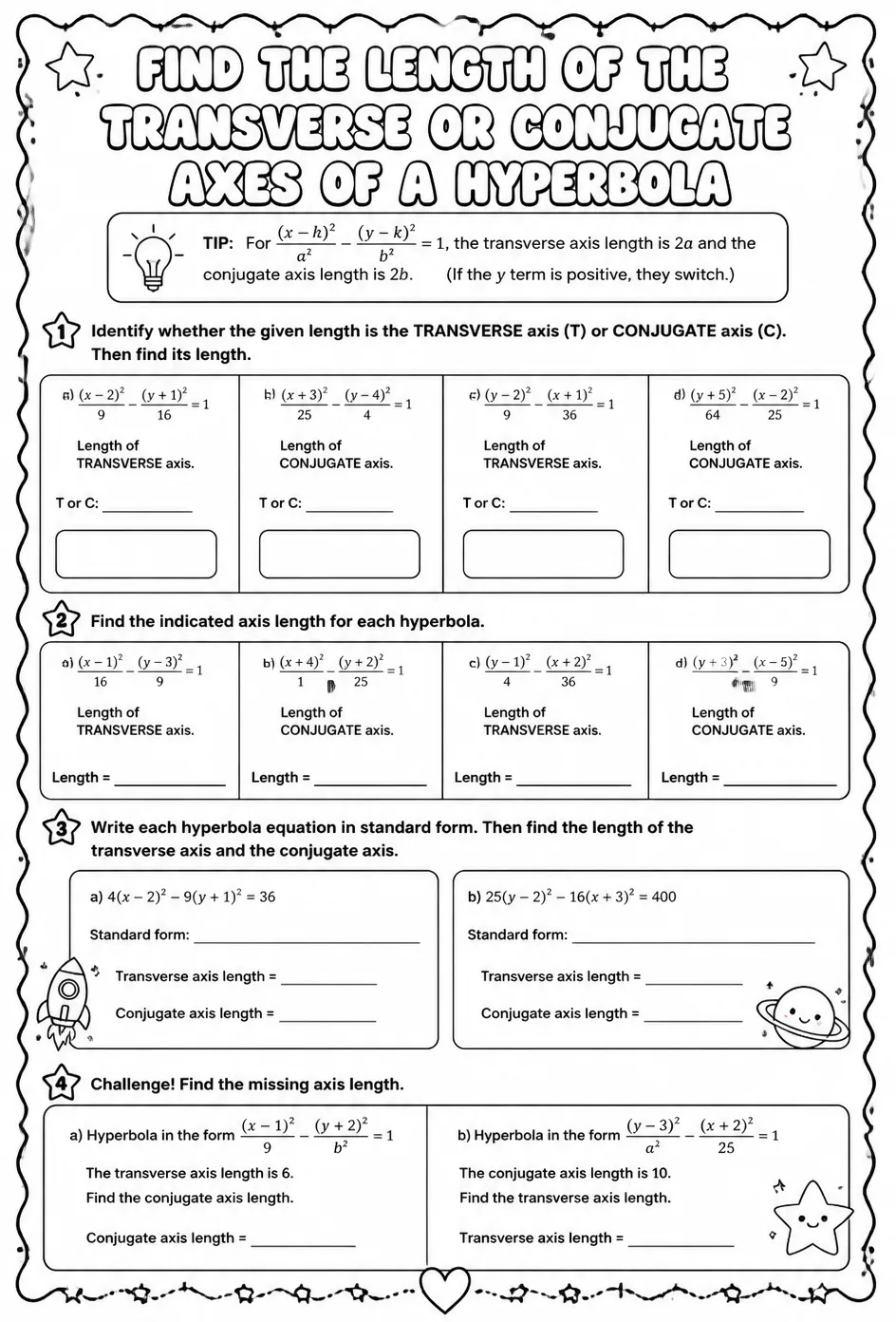 Find the length of the transverse or conjugate axes of a hyperbola — free printable Algebra 2 math worksheet