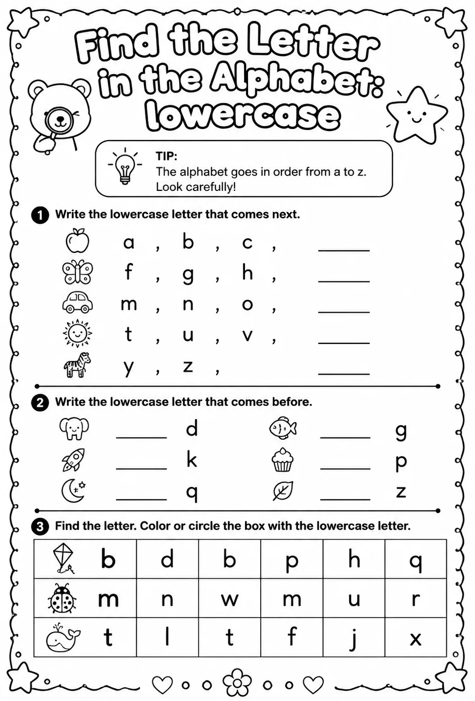 Find the letter in the alphabet: lowercase — free printable Reading foundations English worksheet