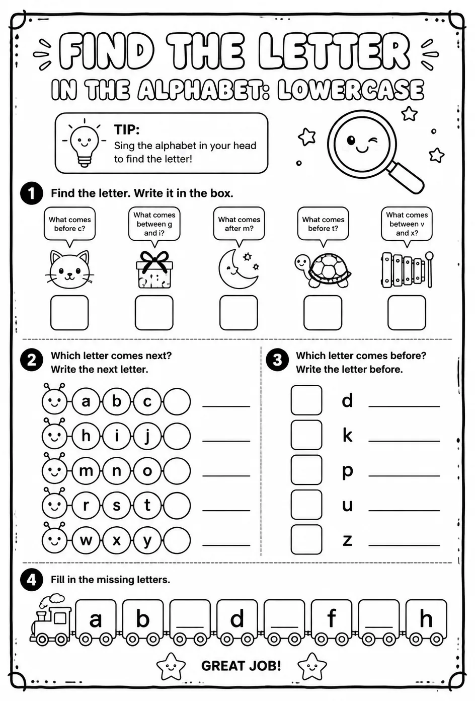 Find the letter in the alphabet: lowercase — free printable Pre-K English & Reading worksheet