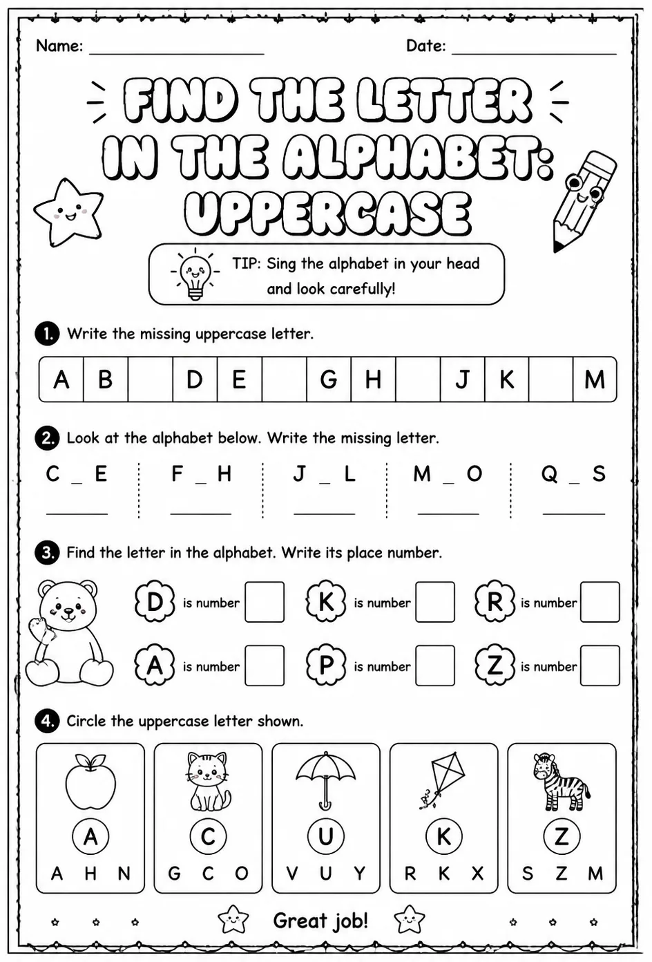 Find the letter in the alphabet: uppercase — free printable Reading foundations English worksheet