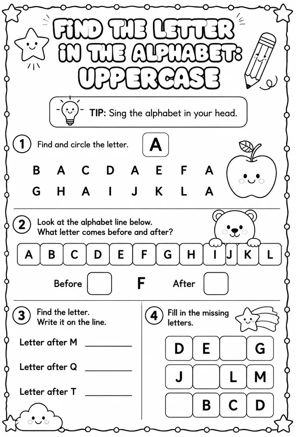 Find the letter in the alphabet: uppercase — free printable Pre-K English & Reading worksheet