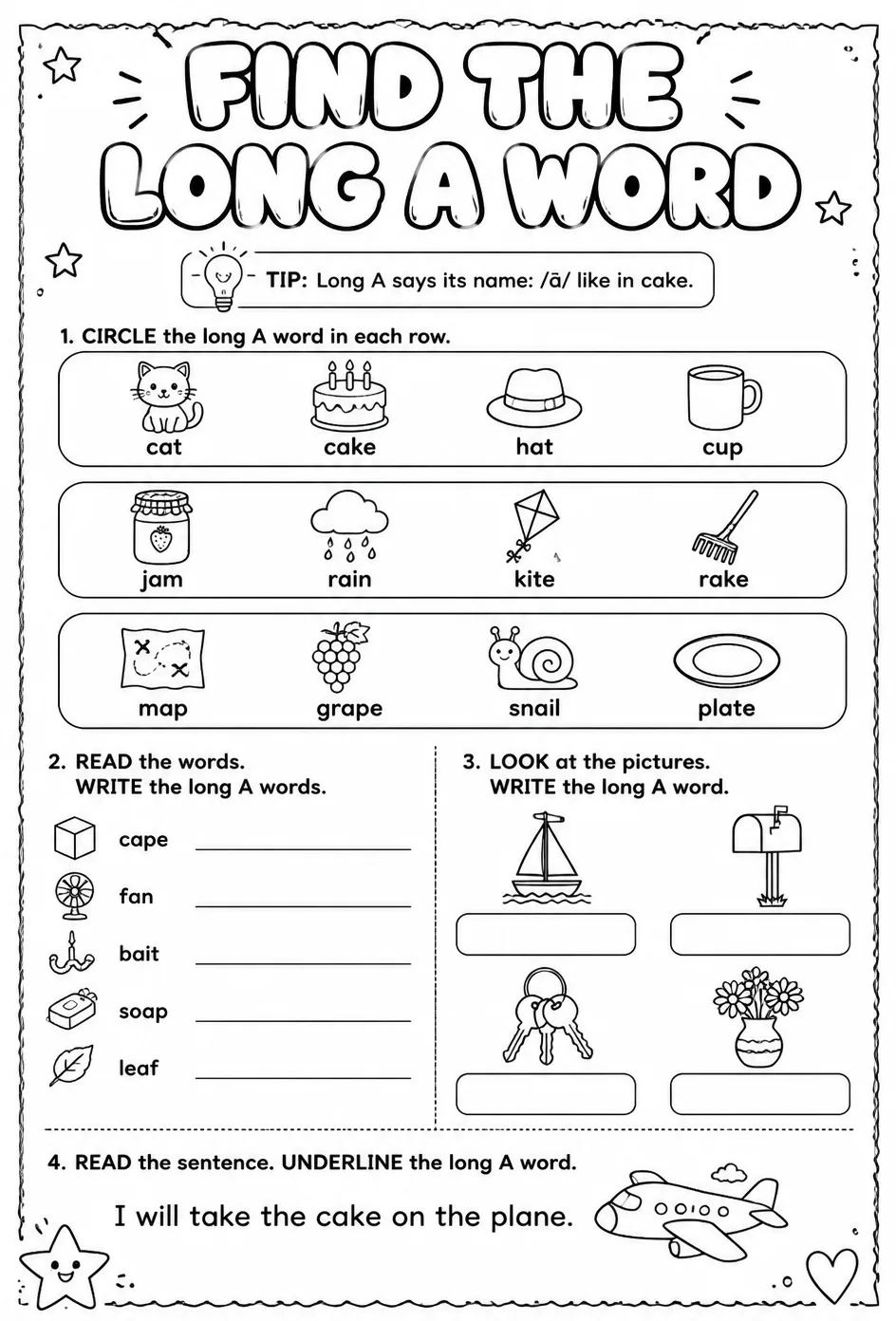 Find the long a word — free printable Reading foundations English worksheet