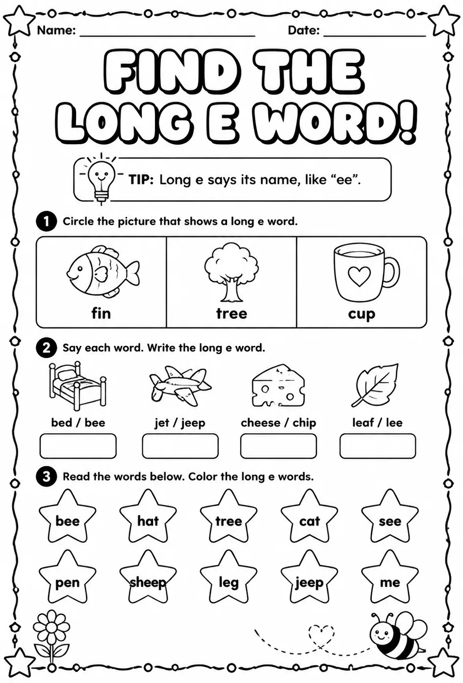 Find the long e word — free printable Reading foundations English worksheet