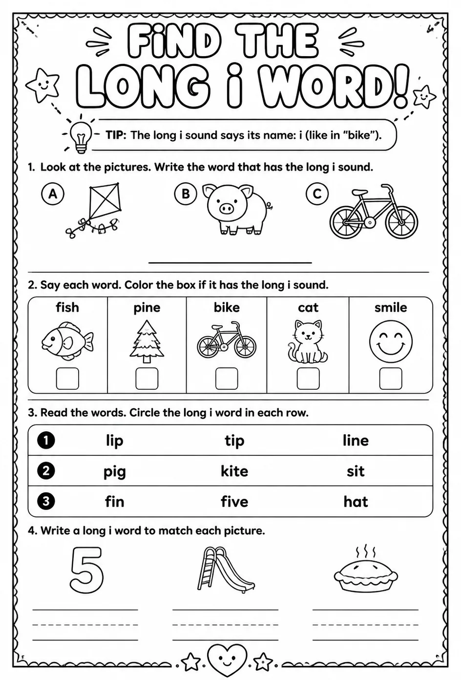 Find the long i word — free printable Reading foundations English worksheet