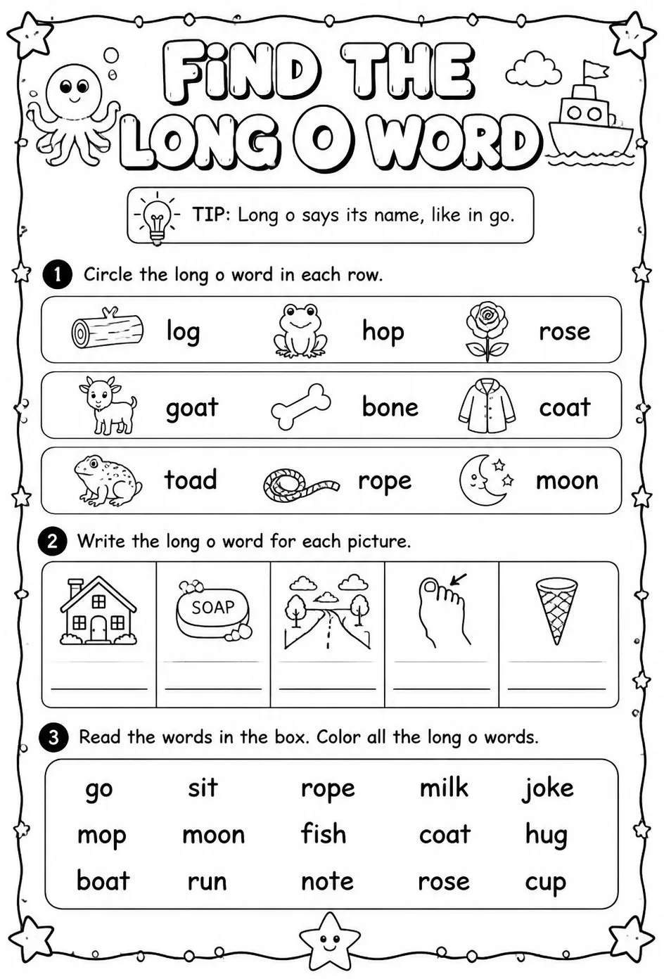 Find the long o word — free printable Reading foundations English worksheet