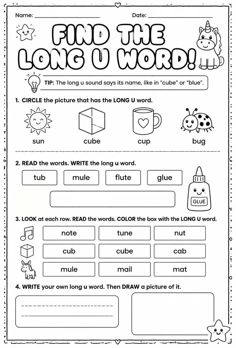 Find the long u word — free printable Reading foundations English worksheet