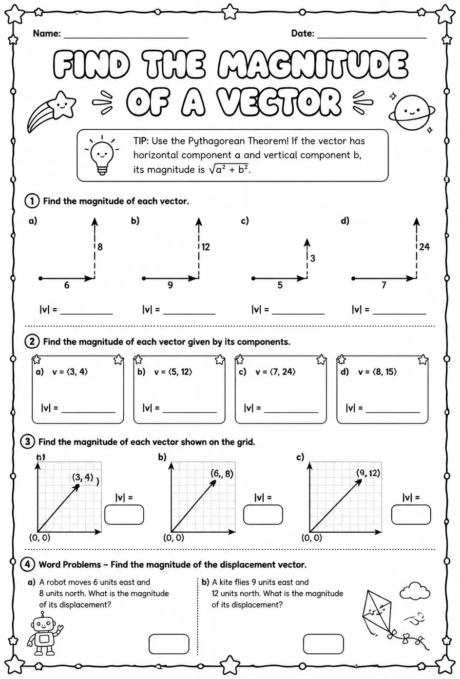 Find the magnitude of a vector — free printable Geometry math worksheet