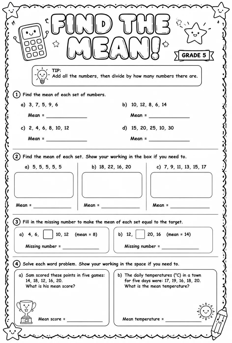 Find the mean — free printable Grade 5 math worksheet