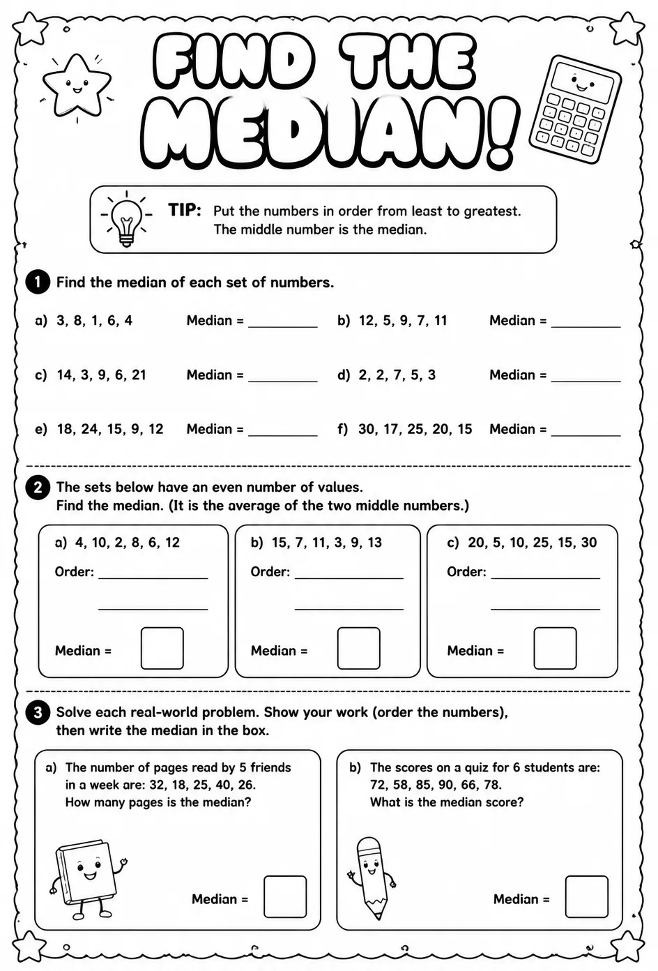 Find the median — free printable Grade 4 math worksheet