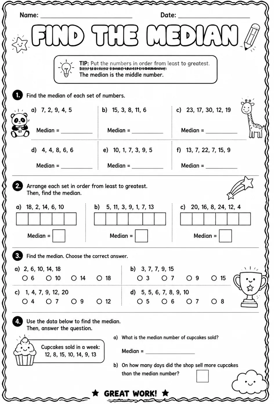 Find the median — free printable Grade 5 math worksheet