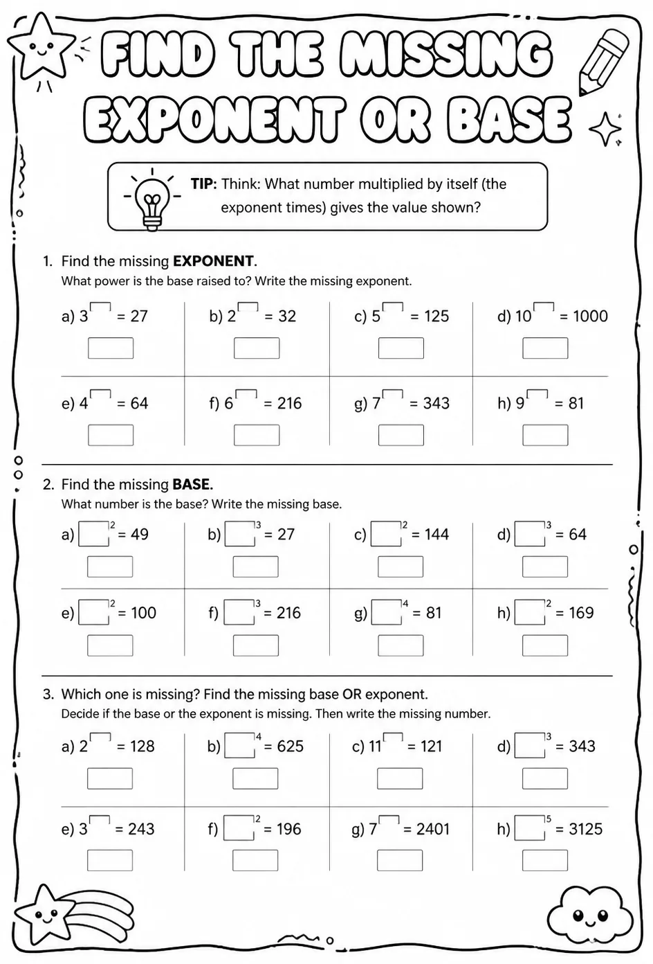 Find the missing exponent or base — free printable Grade 6 math worksheet