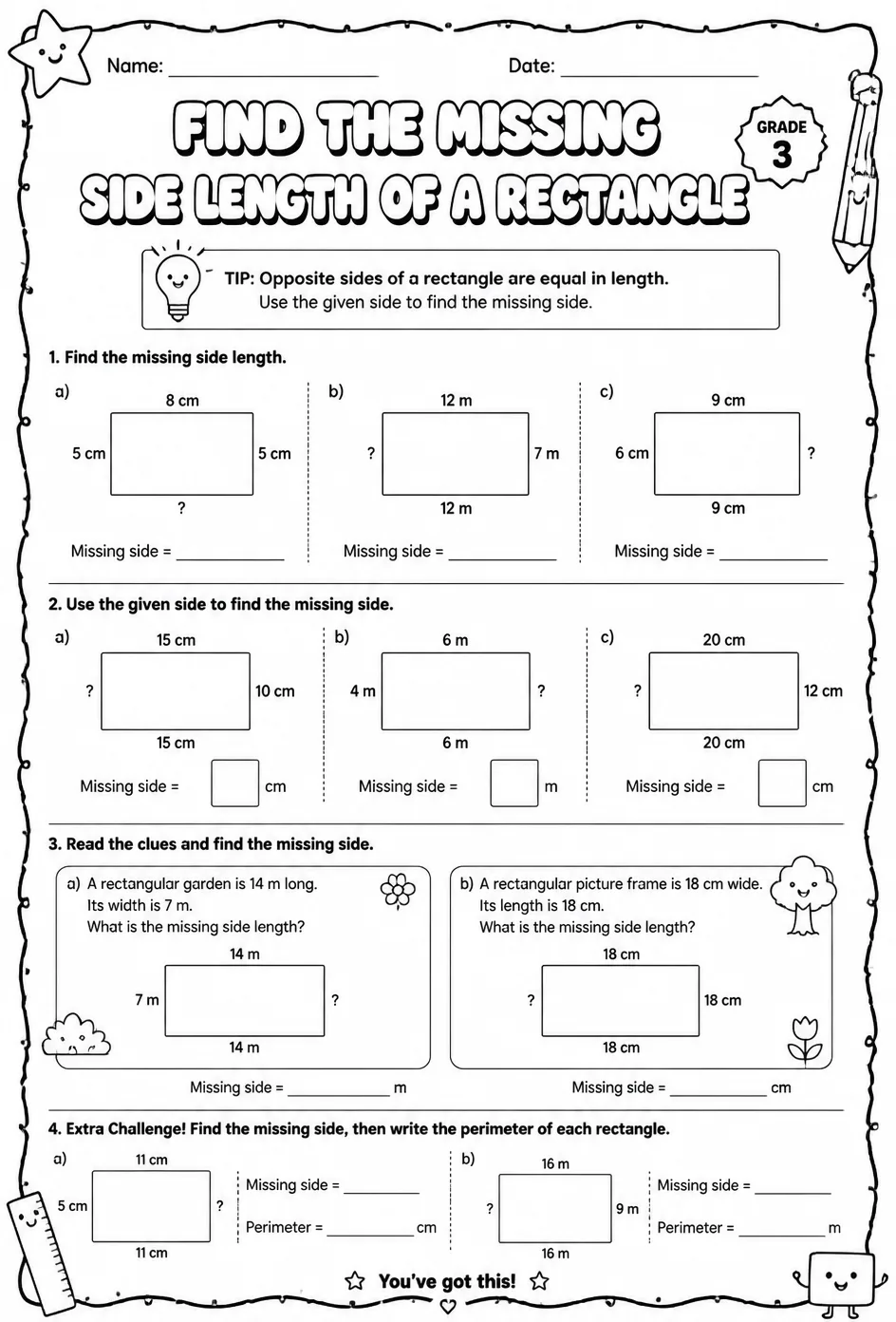Find the missing side length of a rectangle — free printable Grade 3 math worksheet
