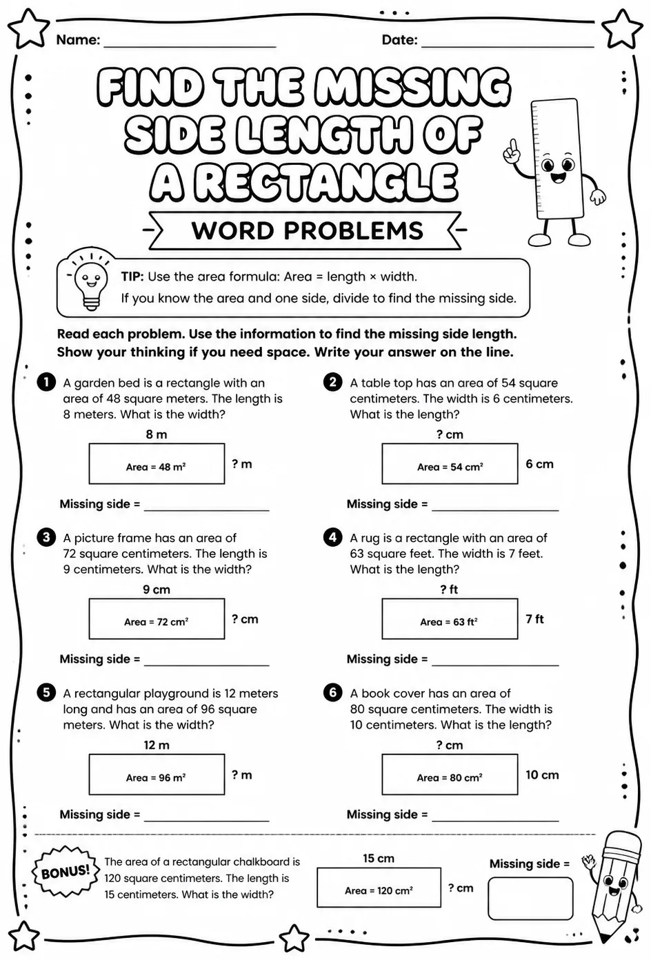 Find the missing side length of a rectangle: word problems — free printable Grade 3 math worksheet