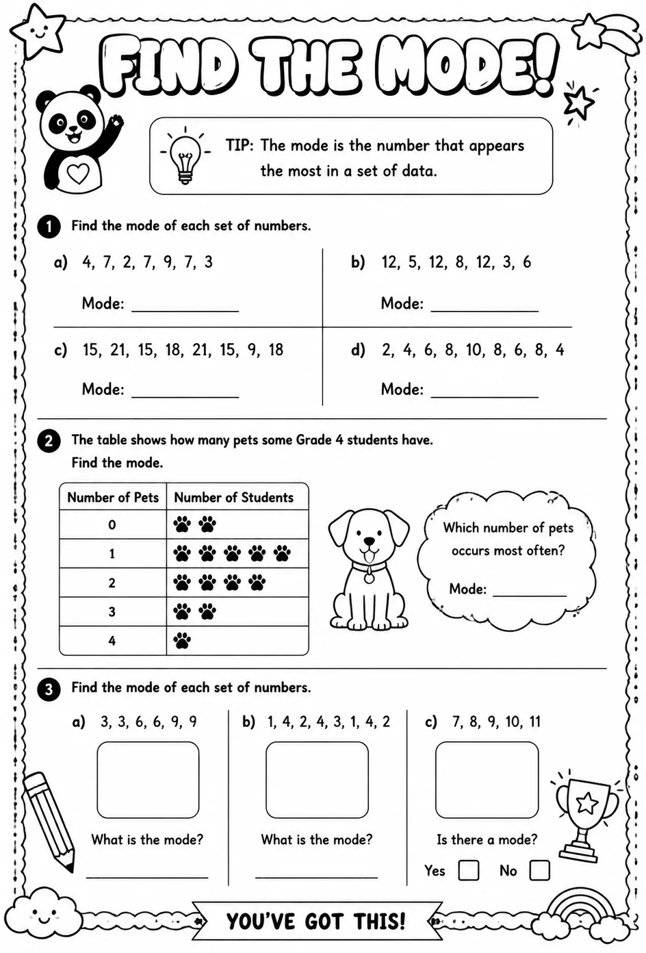 Find the mode — free printable Grade 4 math worksheet