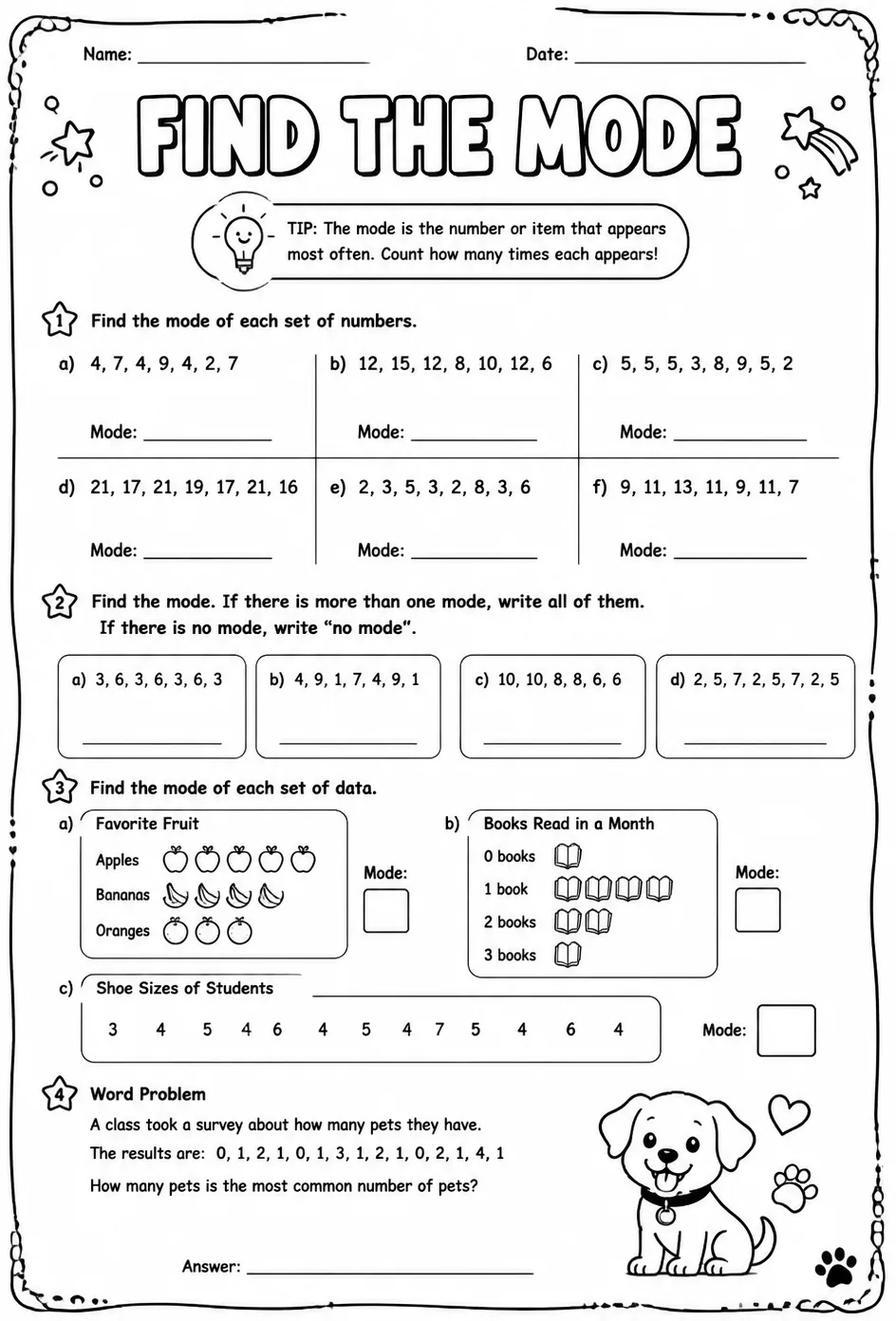 Find the mode — free printable Grade 5 math worksheet