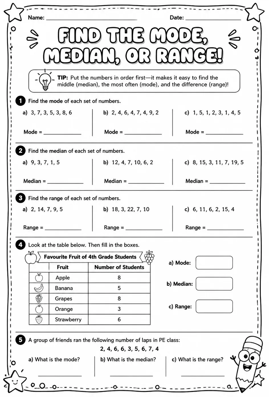 Find the mode, median, or range — free printable Grade 4 math worksheet