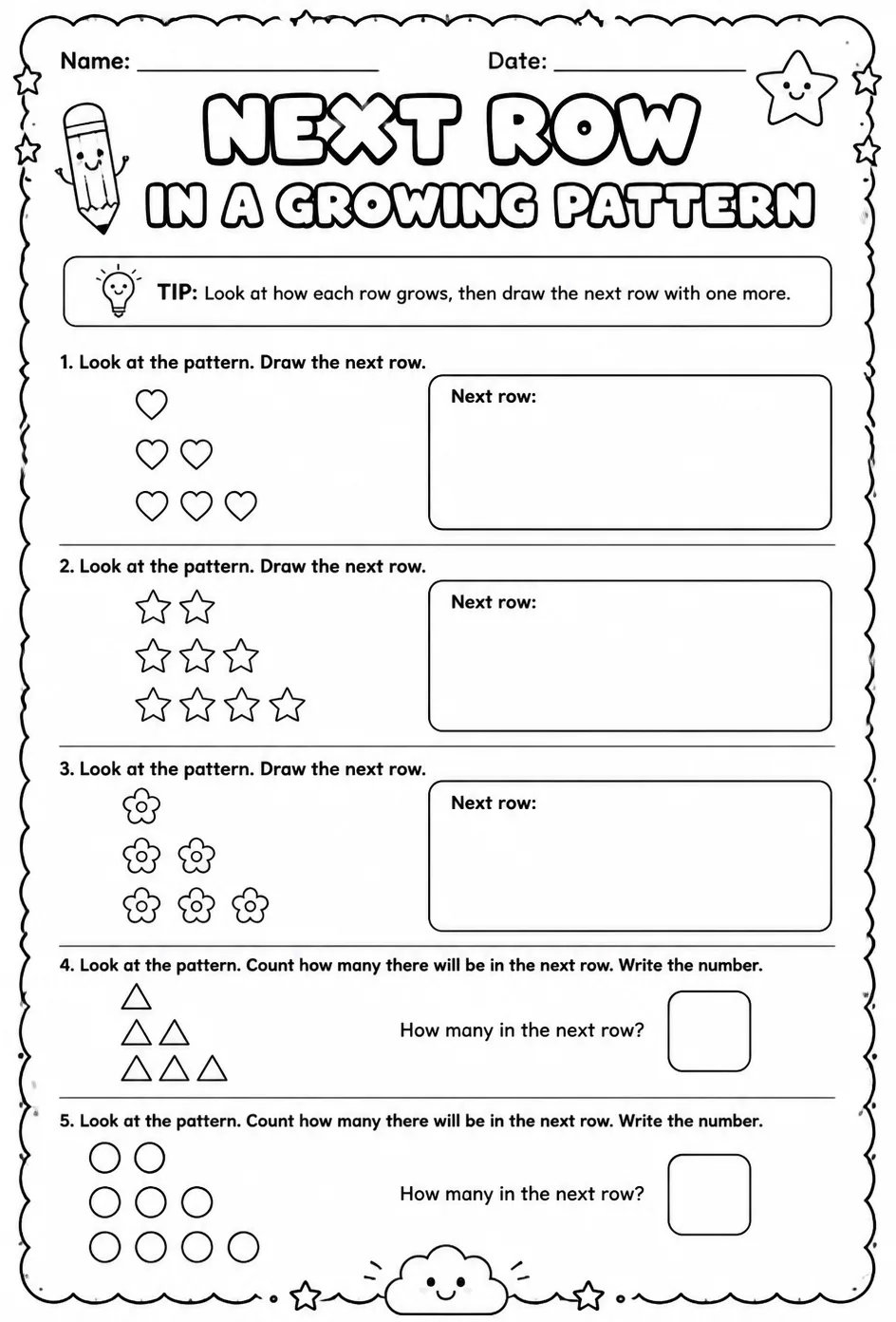 Find the next row in a growing pattern — free printable Grade 1 math worksheet