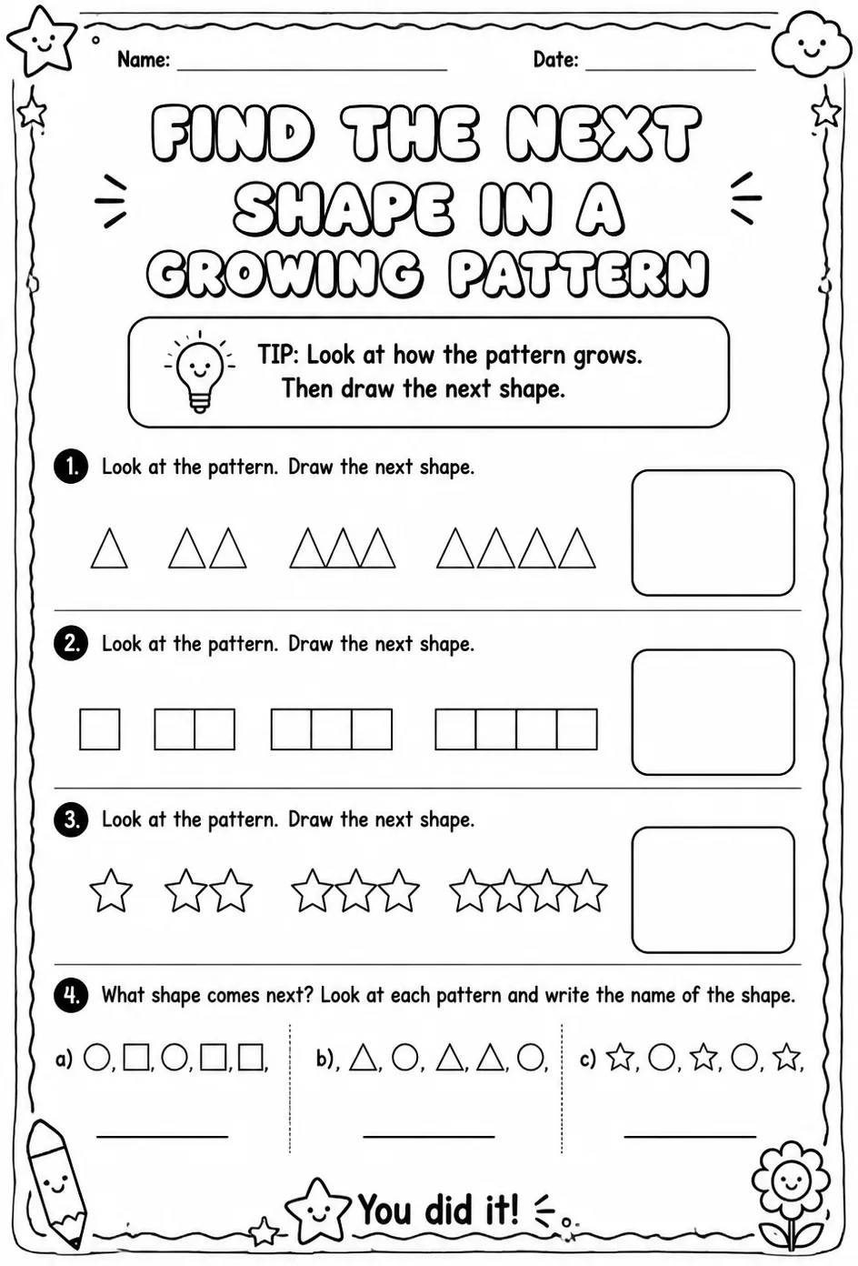 Find the next shape in a growing pattern — free printable Grade 1 math worksheet