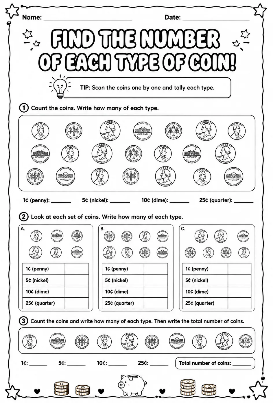 Find the number of each type of coin — free printable Grade 5 math worksheet