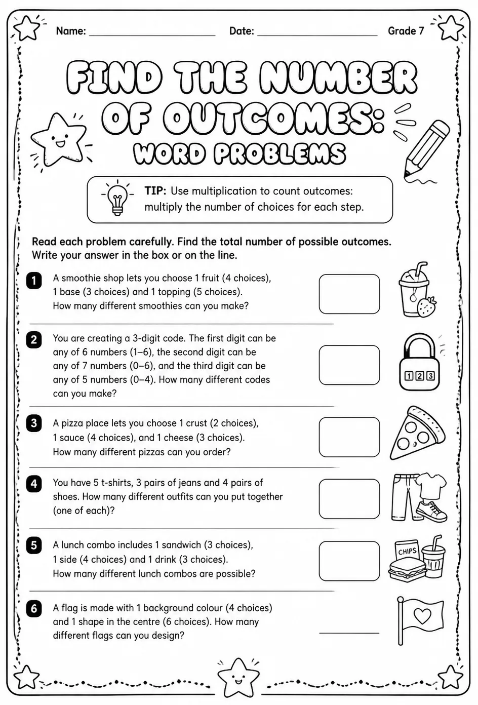 Find the number of outcomes: word problems — free printable Grade 7 math worksheet