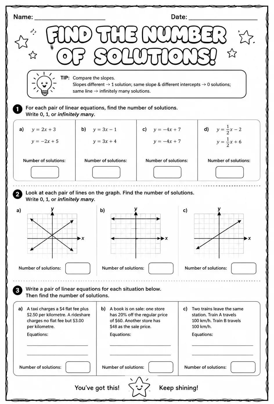 Find the number of solutions — free printable Grade 8 math worksheet